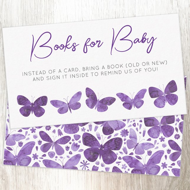 Butterfly Baby Shower Bokar för Baby Tilläggskort (Modern watercolor butterfly purple baby shower Books for Baby request enclosure card)