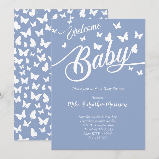 Butterfly Baby Shower Gender Neutral Blue Boy Inbjudningar (Fram/baksida)