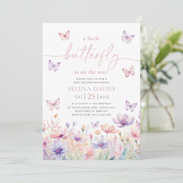 Butterfly Baby Shower Girl Lila Rosa Flower Inbjudningar (Stående Fram)