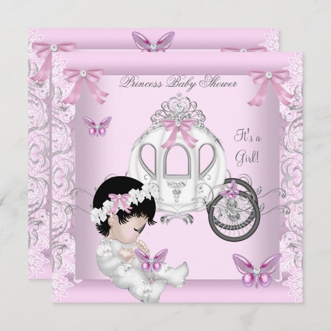 Butterfly Baby Shower Girl Princess Carriage Inbjudningar (Fram/baksida)