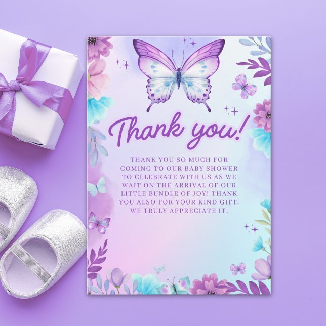 Butterfly Baby Shower Girl with Purple flowers Tack Kort (Skapare uppladdad)