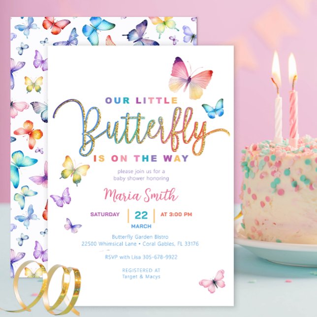 Butterfly Baby Shower Inbjudan - Rainbow Glitter (Vibrant Butterfly Baby Shower)