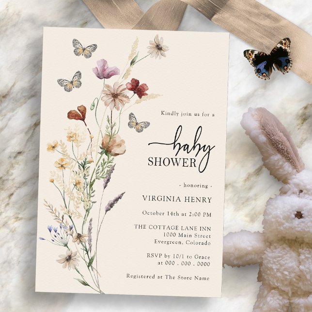 Butterfly Baby Shower Inbjudningar (Boho Wildflower Butterfly Baby Shower Invitation by Painted Paperie
)