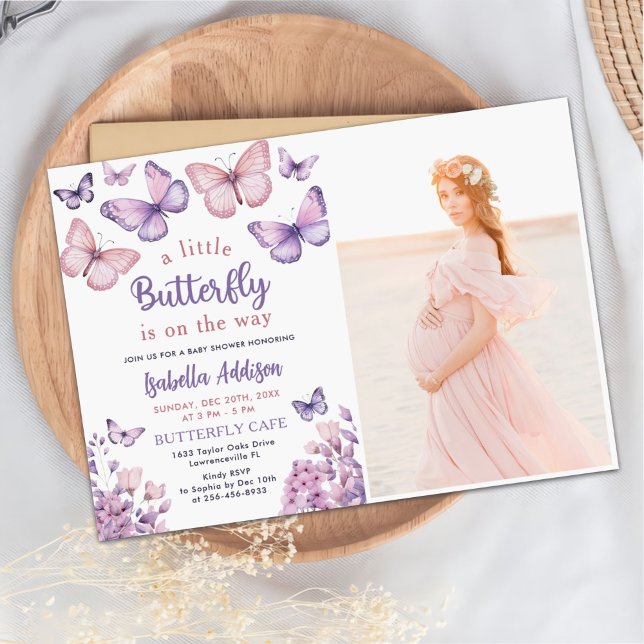 Butterfly Baby Shower Lila Blommigt Girl Girl Phot Inbjudningar (Skapare uppladdad)