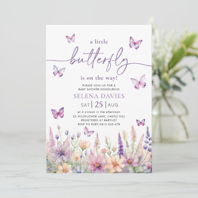 Butterfly Baby Shower Lila Butterfly Rosa Flower Inbjudningar (Stående Fram)