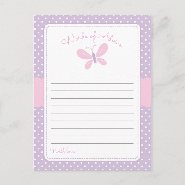 Butterfly Baby Shower Ord of Advice lila rosa Rådkort (Framsida)
