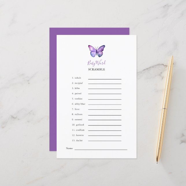 Butterfly Baby Shower Ord Scramble Game Party (Fram/Back In Situ)