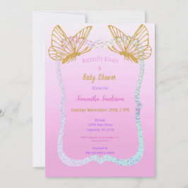 Butterfly Baby Shower Rosa och Guld Glitter Inbjudningar