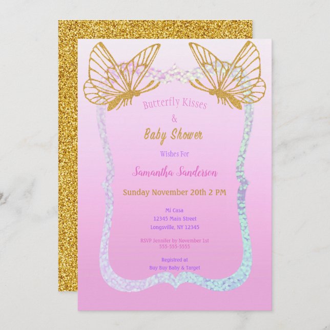 Butterfly Baby Shower Rosa och Guld Glitter Inbjudningar (Fram/baksida)