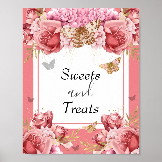 Butterfly Baby Shower Sweets and Treats Party Sign Poster (Framsidan)