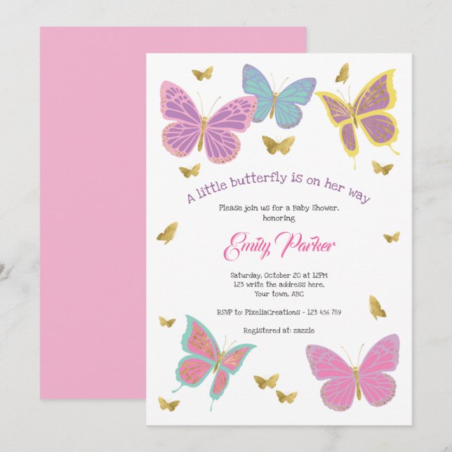 Butterfly, Baby Shower Themes Inbjudningar (Fram/baksida)