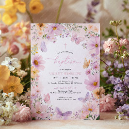 Butterfly Baptism Blommigt Rosa Lila Girl Girl Inbjudningar
