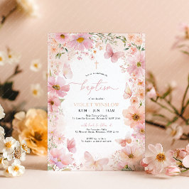 Butterfly Baptism Blommigt Rosa Peach Girl Inbjudningar