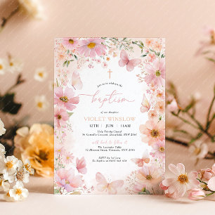 Butterfly Baptism Blommigt Rosa Peach Girl Inbjudningar