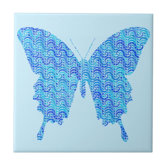 Butterfly-bild, abstrakt mönster, blå nyanser kakelplatta (Framsidan)