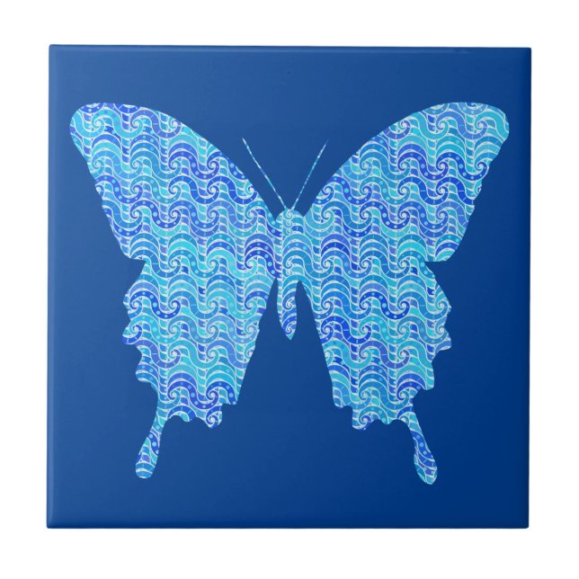 Butterfly-bild, abstrakt mönster, blå nyanser kakelplatta (Framsidan)