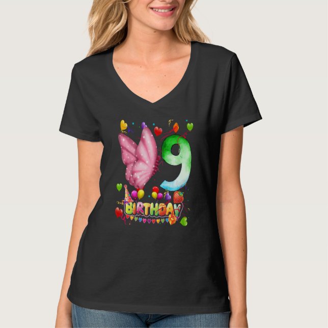 Butterfly Birthday 9 Year Old Kids 9th Butterfly B T Shirt (Framsida)