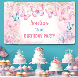 Butterfly Birthday Girl Rosa Summer Blommigt Banne