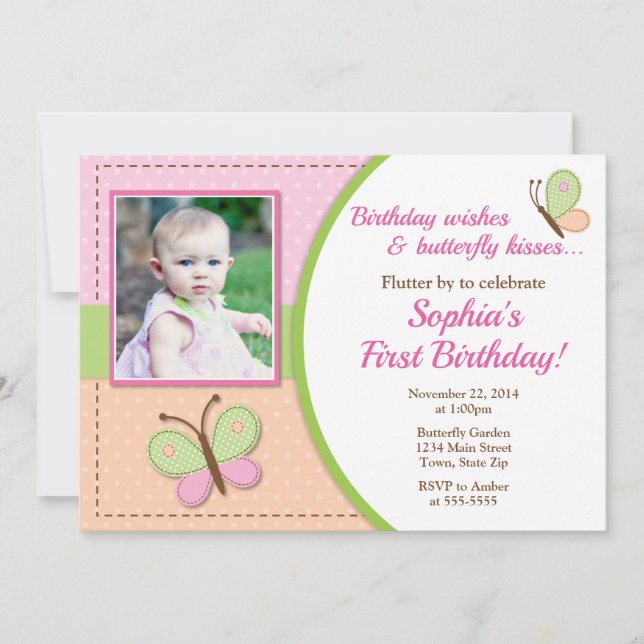 Butterfly Birthday Invitation 1st Birthday Inbjudningar (Framsida)