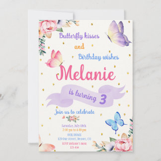 Butterfly Birthday Invitation Floral Party invite Inbjudningar