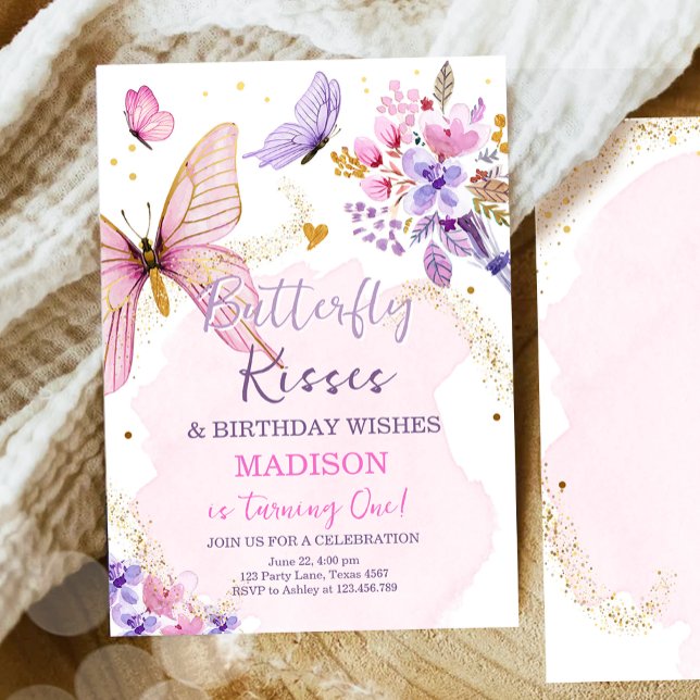 Butterfly Birthday Kisses Lila Blommigt Rosa Girl  Inbjudningar (Skapare uppladdad)
