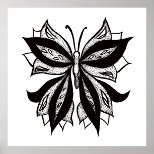 Butterfly Black and White Tribal Tattoo Poster