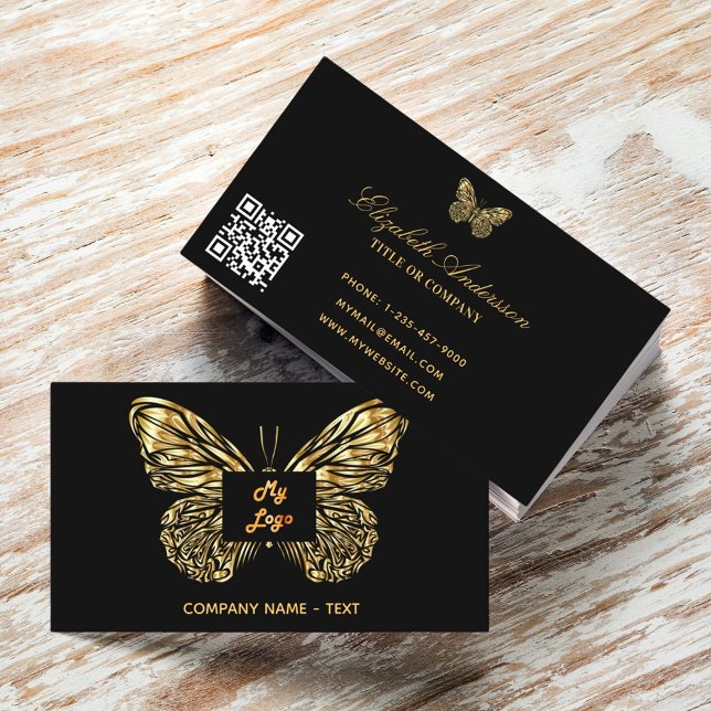 Butterfly black guld logotyp elegant QR-kod Visitkort (Skapare uppladdad)