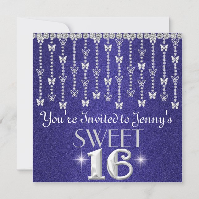 Butterfly BLING SWEET 16 ROYAL BLUE-inbjudan Inbjudningar (Framsida)