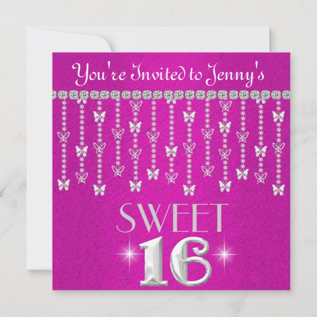 Butterfly BLING SWEET 16-SHOCK ROSA inbjudan (Framsida)