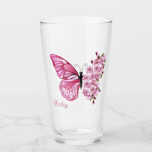 Butterfly Blommar glass med eget namn Glaskopp (Framsida)