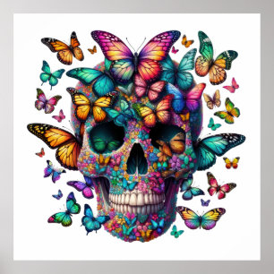 Butterfly Blommar Skull Poster