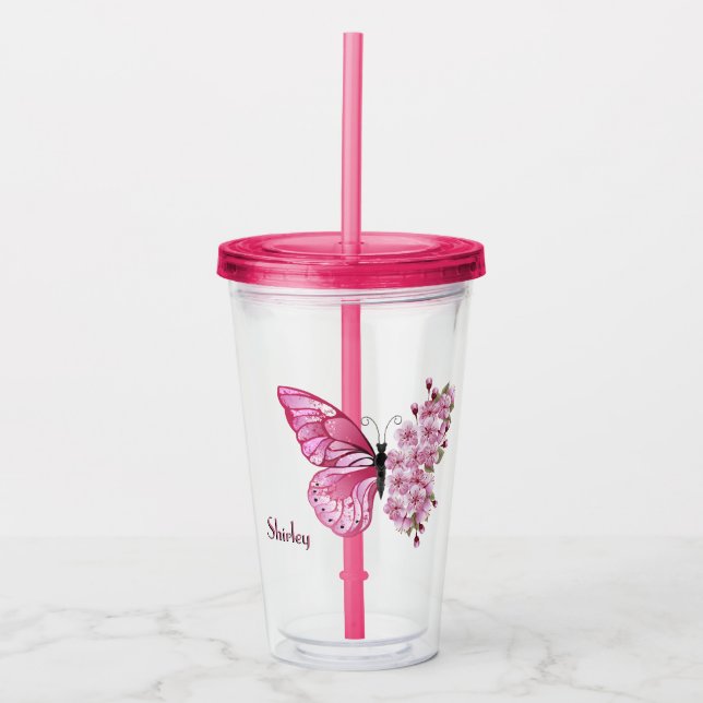 Butterfly Blommar Tumbler med eget namn Take Away Mugg (Framsida)