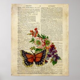 Butterfly blommigt art på vintage ordlista poster