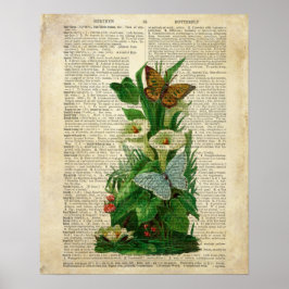 Butterfly blommigt art på vintage ordlista poster