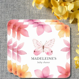 Butterfly Blommigt Baby Shower Personlig Underlägg Papper Kvadrat