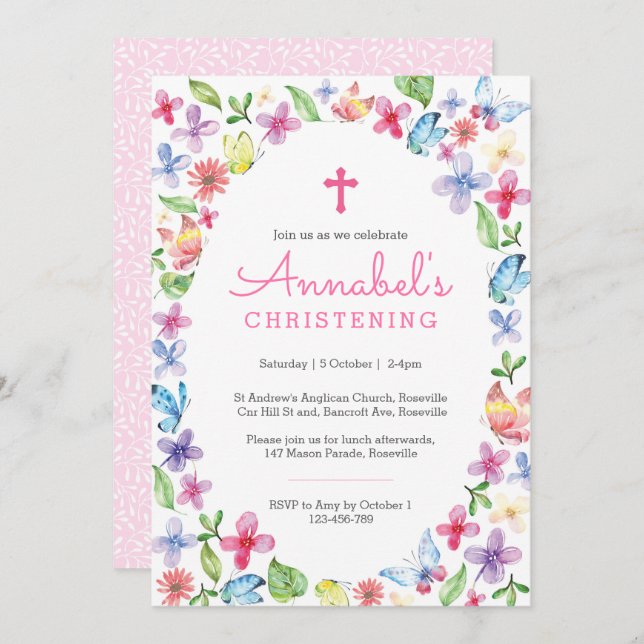 Butterfly blommigt Christening Baptism Inbjudan (Fram/baksida)