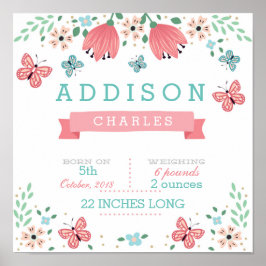 Butterfly Blommigt Garden Baby Stats Poster