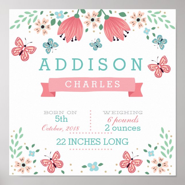 Butterfly Blommigt Garden Baby Stats Poster (Framsidan)