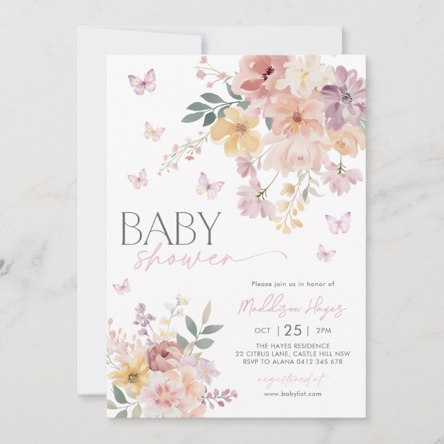 Butterfly Blommigt Peach Rosa Lila Baby Shower Inbjudningar (Framsida)