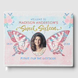 Butterfly Blommigt Photo Sweet 16 Födelsedagsfest Gästböcker