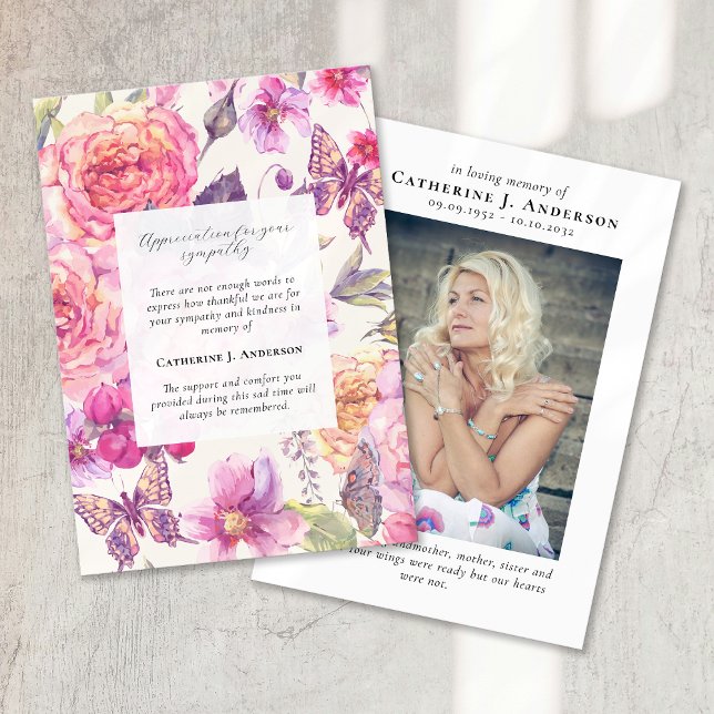Butterfly Blommigt Photo Sympathy Funeral Memorial Tack Kort (Skapare uppladdad)