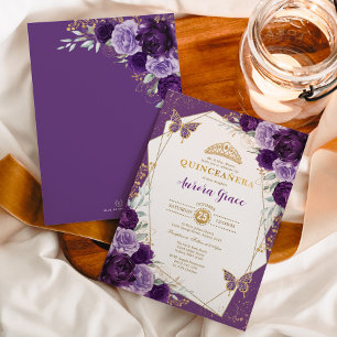 Butterfly Blommigt Quinceañera Violet Guld Geometr Inbjudningar