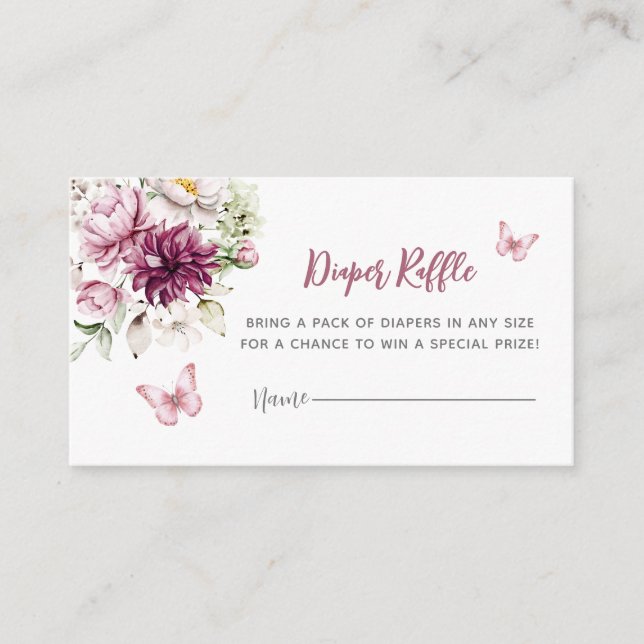 Butterfly Blommigt Rosa Girl Diaper Raffle Tilläggskort (Framsida)