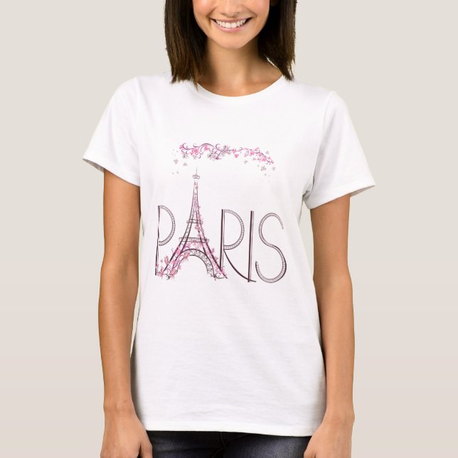 Butterfly Blommigt Rosa Paris Eiffel Torn T-shirt (Framsida)
