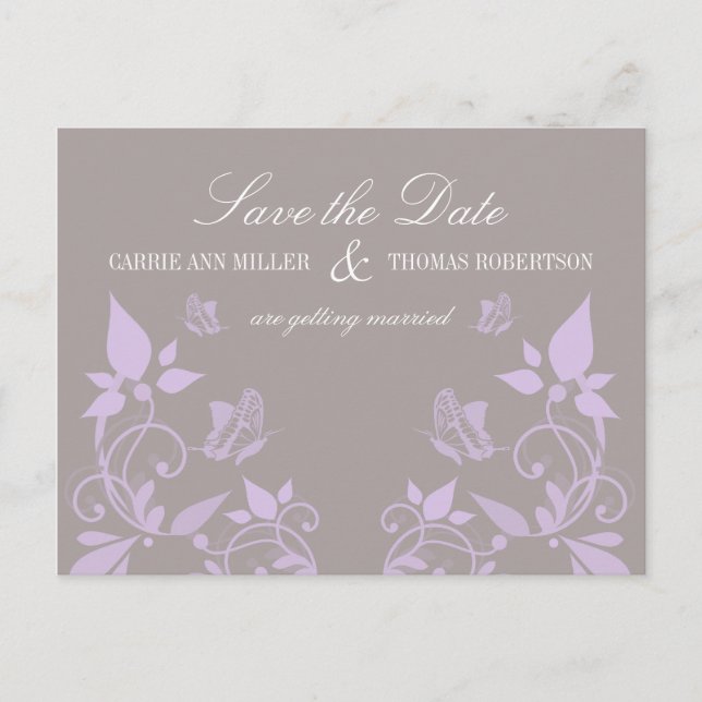 Butterfly Blommigt Save Date Postcard, Lilac Meddelande Vykort (Framsida)