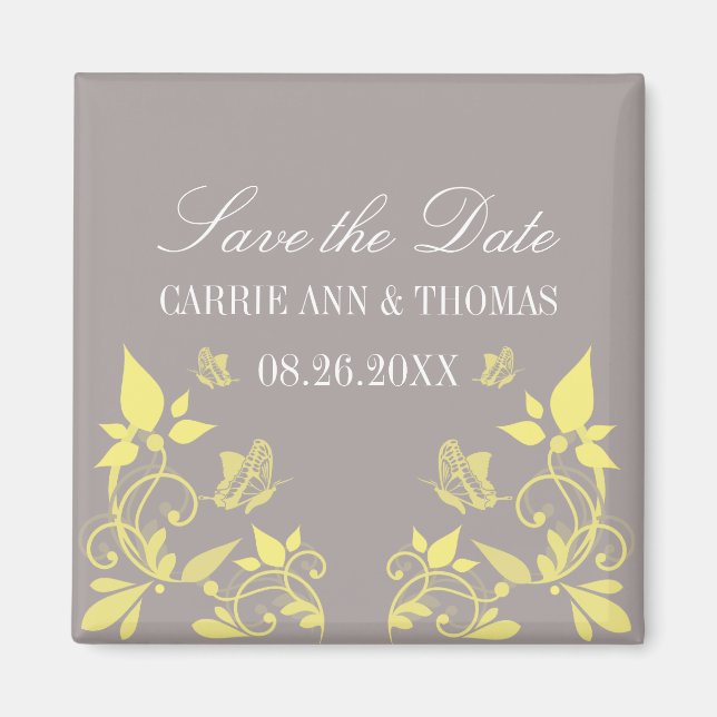 Butterfly Blommigt Spara datum magneter, Gult Magnet (Framsidan)