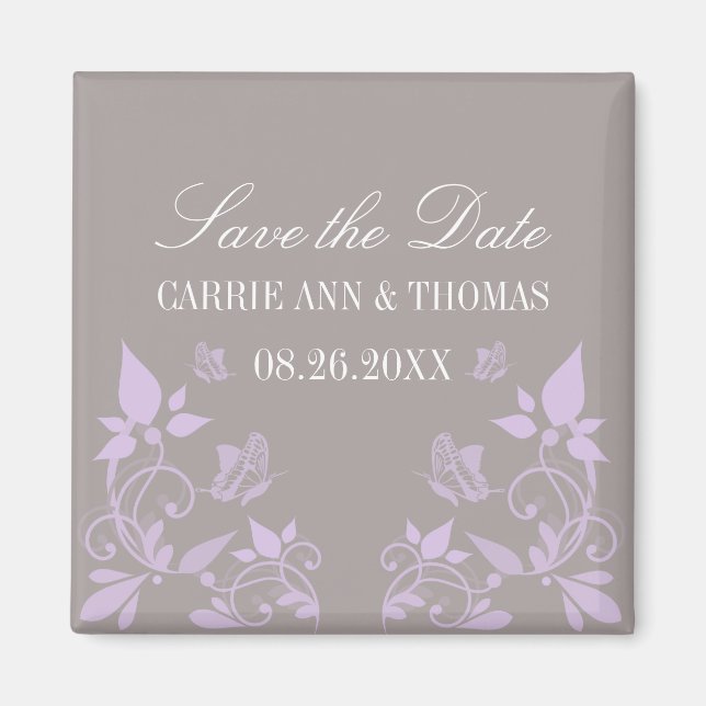 Butterfly Blommigt Spara datum magneter, Lilac Magnet (Framsidan)