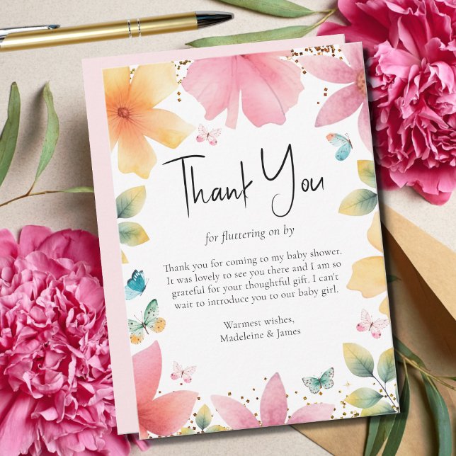 Butterfly Blommigt Watercolor Baby Shower Tack Kort (Skapare uppladdad)