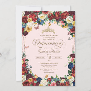Butterfly Blommigt Watercolor Rosa Red Quinceanera Inbjudningar