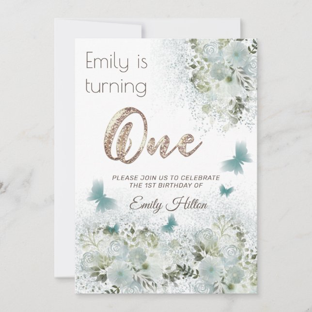 Butterfly-blommigten första födelsedag inbjudningar (Framsida)